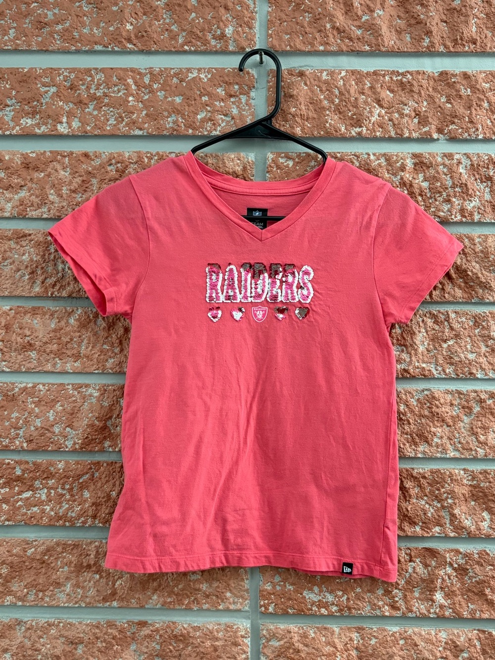 NFL Coral Pink Raiders V-Neck Tee with Sequin Logo